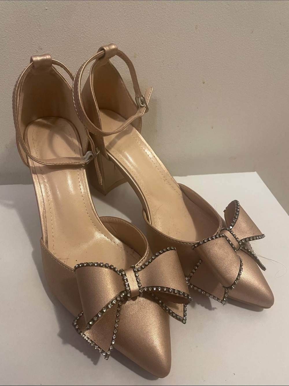 Nordstrom Rose Gold Satin Pointed-Toe Ankle-Strap Heels with Rhinestone Bow